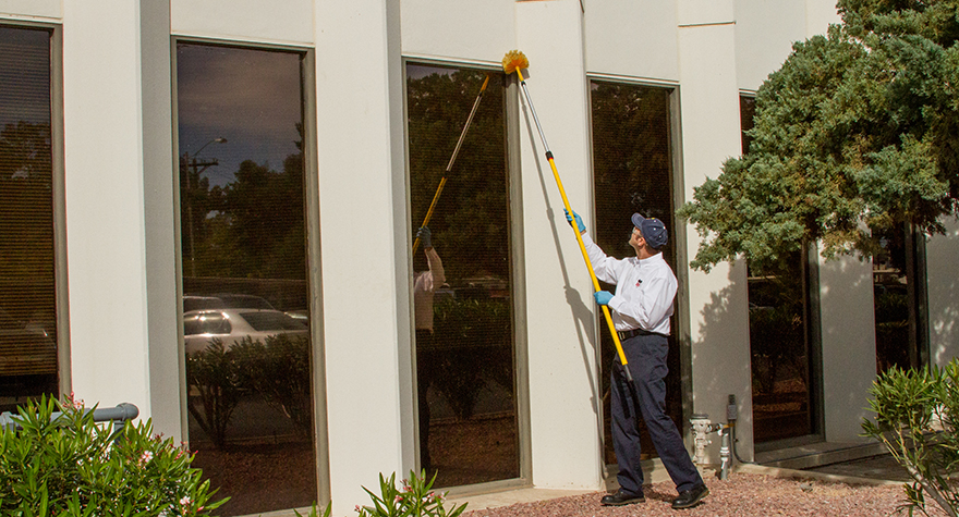 Pest professional wiping away webs with a Webster